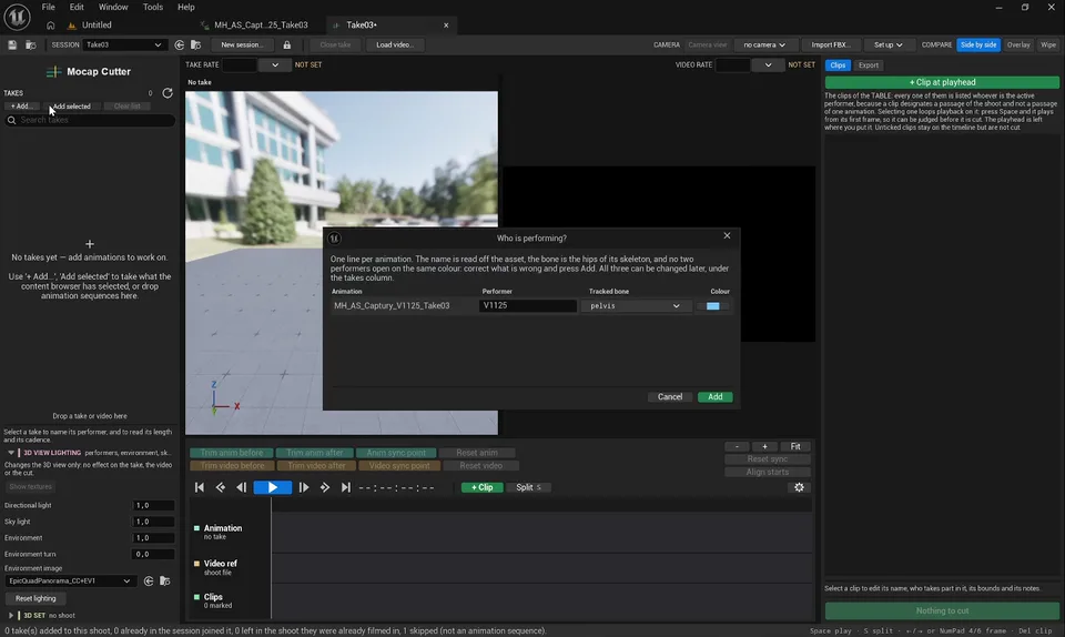 The Who is performing dialog listing one animation with its performer name, tracked bone set to pelvis and a colour swatch, above the empty Mocap Cutter panel