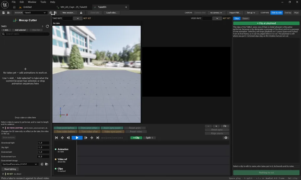 Mocap Cutter panel open on an empty session: Takes column on the left, 3D preview and video area in the centre, timeline with Animation, Video ref and Clips lanes below, Clips tab on the right