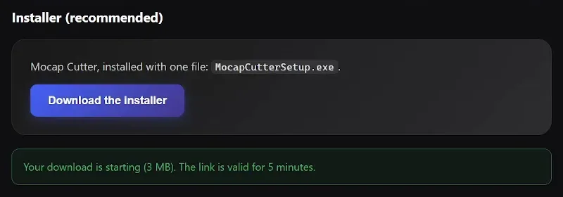 Installer (recommended) block of the Gamecelsior account page with the Download the installer button and the message Your download is starting (3 MB), the link is valid for 5 minutes