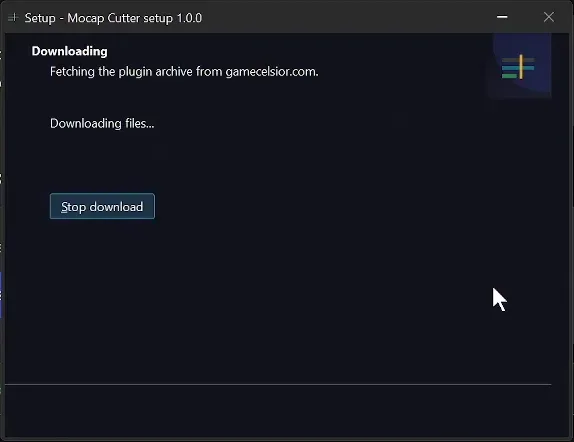 Downloading page of the setup: fetching the plugin archive from gamecelsior.com, with a Stop download button