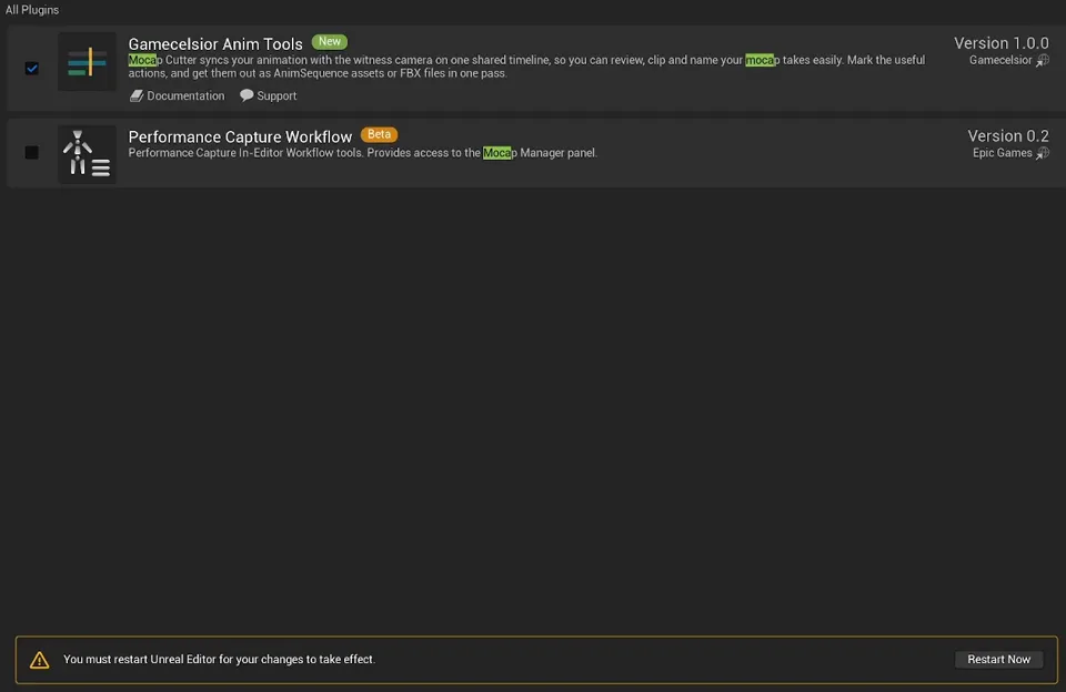 Unreal Editor Plugins window with Gamecelsior Anim Tools version 1.0.0 ticked and the banner You must restart Unreal Editor for your changes to take effect with a Restart Now button
