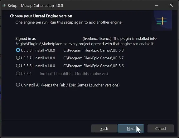 Choose your Unreal Engine version page listing UE 5.8, 5.7 and 5.6 with their install folders under Program Files, UE 5.4 greyed out with no build published, and an Uninstall All option