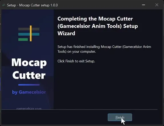 Completing the Mocap Cutter (Gamecelsior Anim Tools) Setup Wizard page with the Finish button