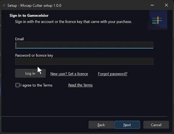 Sign in to Gamecelsior page of the setup with Email and Password or licence key fields, the Log in button, the New user and Forgot password links and the I agree to the Terms checkbox