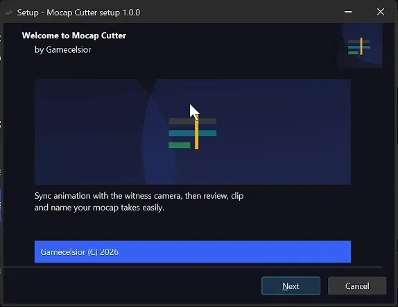 Mocap Cutter setup 1.0.0 welcome page reading Welcome to Mocap Cutter by Gamecelsior, with the Next and Cancel buttons