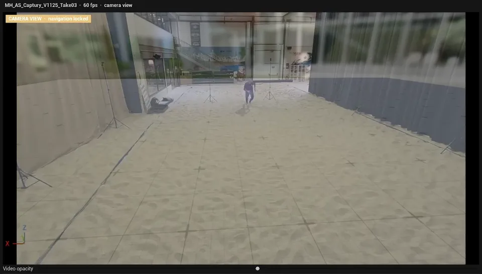 Overlay mode in Camera view: the shoot video drawn over the 3D preview seen through the shoot camera, with the navigation locked badge and the video opacity slider