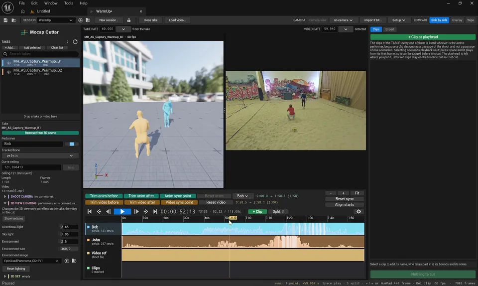Mocap Cutter in Unreal Engine: two performers in the 3D preview next to the shoot video, one timeline lane and speed curve per performer, video lane and Clips lane
