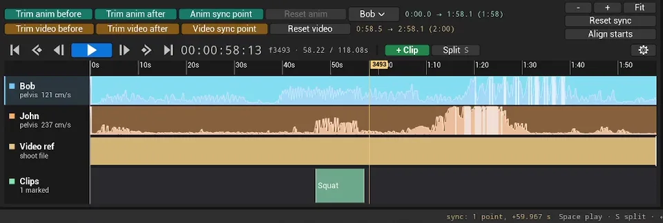 Timeline controls with the Trim, Anim sync point and Video sync point buttons, two performer lanes with their speed curves, the video lane, a clip on the Clips lane and a status bar reading sync: 1 point, +59.967 s
