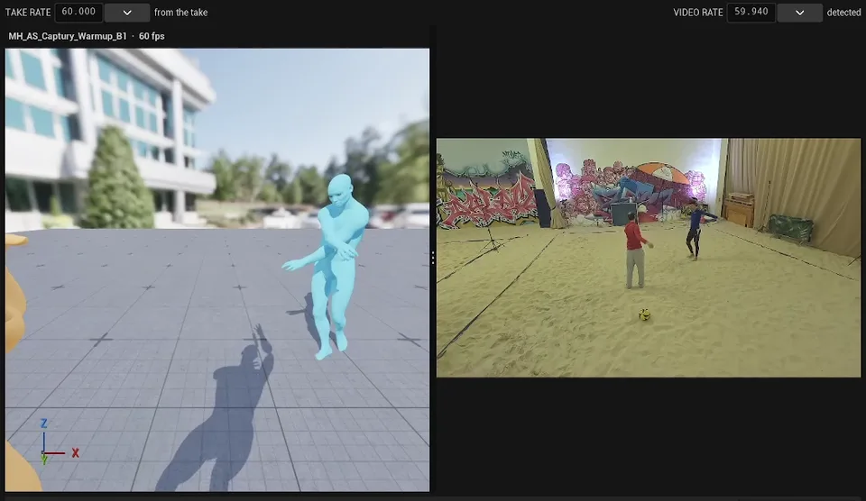 Take rate of 60 fps read from the take and video rate of 59.940 fps detected from the decoder, above the 3D preview of a performer and the shoot video of the same moment